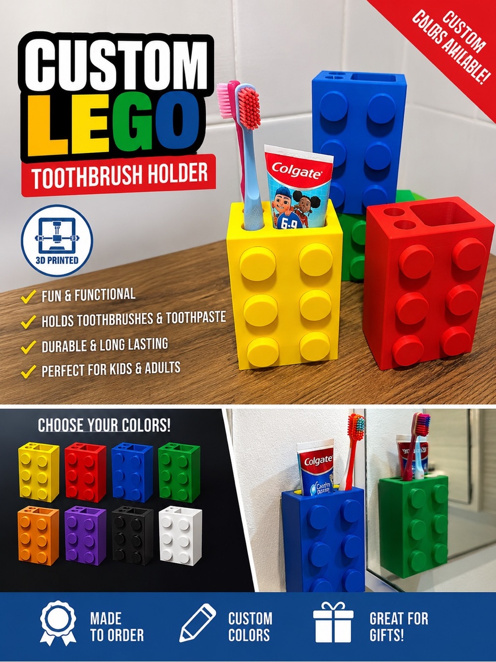 Custom LEGO Style Toothbrush Holder 3D Printed Bathroom Organizer